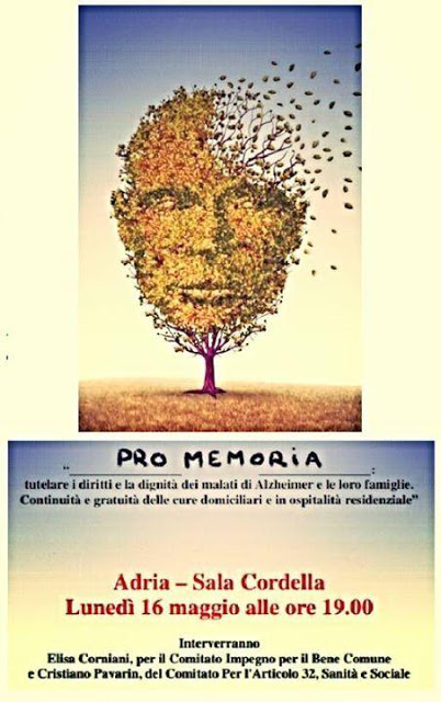 “PRO MEMORIA”:  incontro pubblico sui diritti e la dignità dei malati di Alzheimer e le loro famiglie, lunedì 16 Maggio alle 19:00 – Sala Cordella